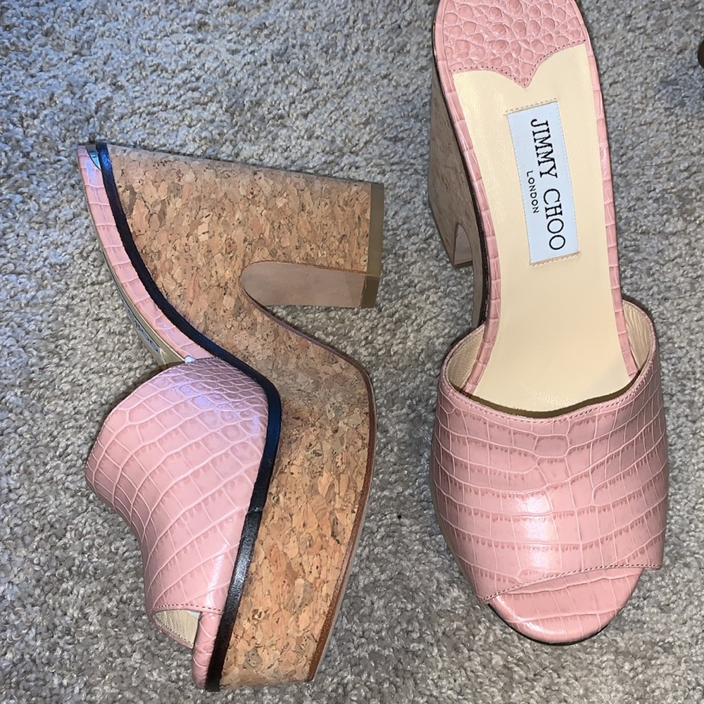 Authentic pink reptile alligator genuine leather Jimmy Choo platform mules
